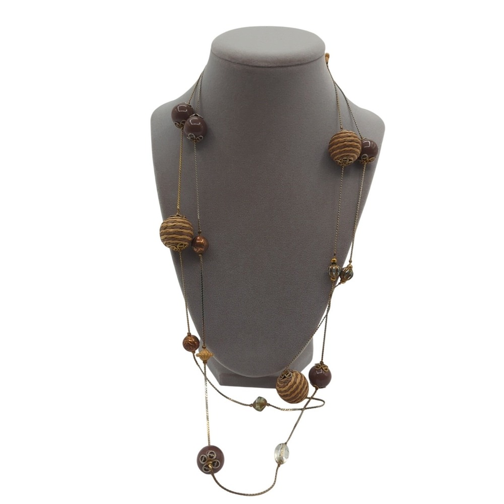 Long Brown Gold Beaded Station Necklace Mixed Texture Earthy Boho 60 Inch